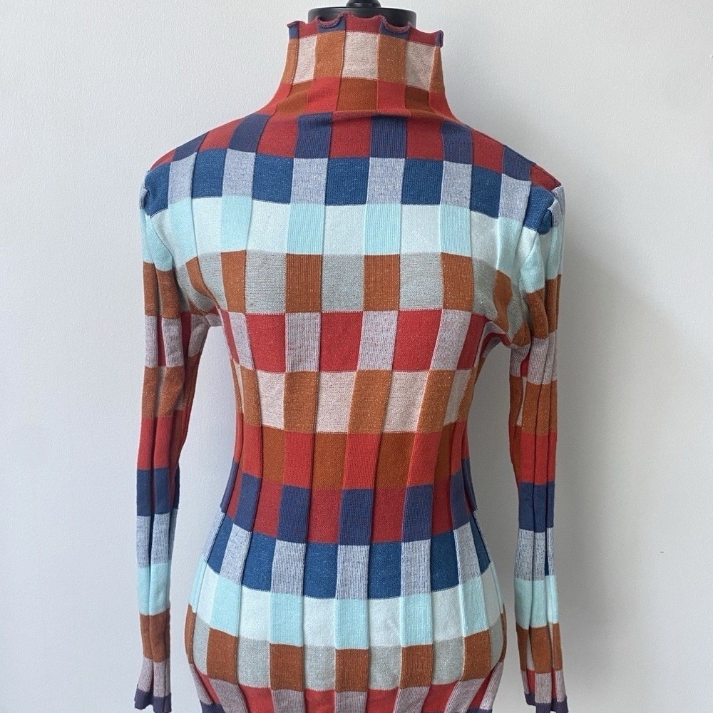 Multicolored Plaid Check Pattern Whimsical Ribbed Knit Turtleneck Vtg M/L 1353 - Picture 2 of 7